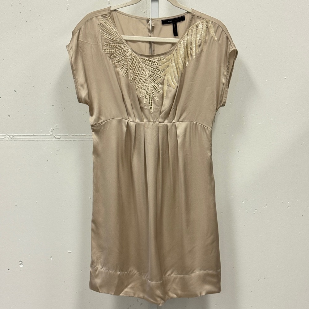 BCBGMAXAZRIA Silk Mini Dress Pebble Beige‎ Sequin Embroidered Champagne Party XS